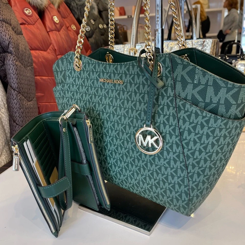 MICHAEL KORS JST Lg Chain Shoulder Tote & Double Zip Wristlet Wallet 
Moss 
NWT - Picture 8 of 16
